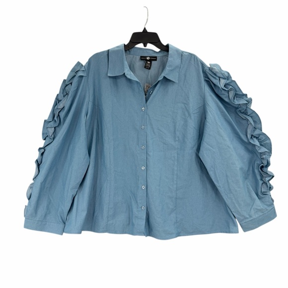 Ashley Stewart Blue Ruffle Sleeve Button Front Blouse Size 22/24 Plus NWT New - Picture 3 of 12